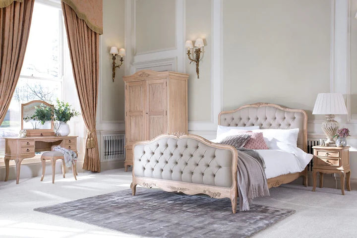 king-size bed with hand-carved Sheesham frame, premium upholstered headboard & footboard.