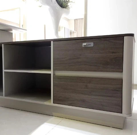 Director & Executive L-Shape Office Table Modern Desk Made in Plywood with Veneer Side Unit Storage, Drawer & Wire Manager - Grey White
