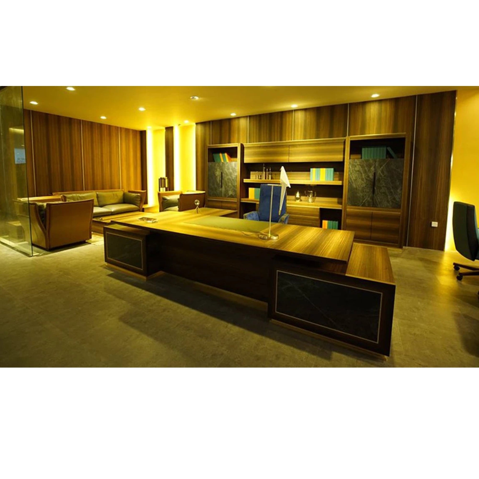 Director & Executive L-Shape Luxury Office Table with Modern Desk Design, Featuring Drawer and CPU Space, Stylish and Elegant Walnut Finish