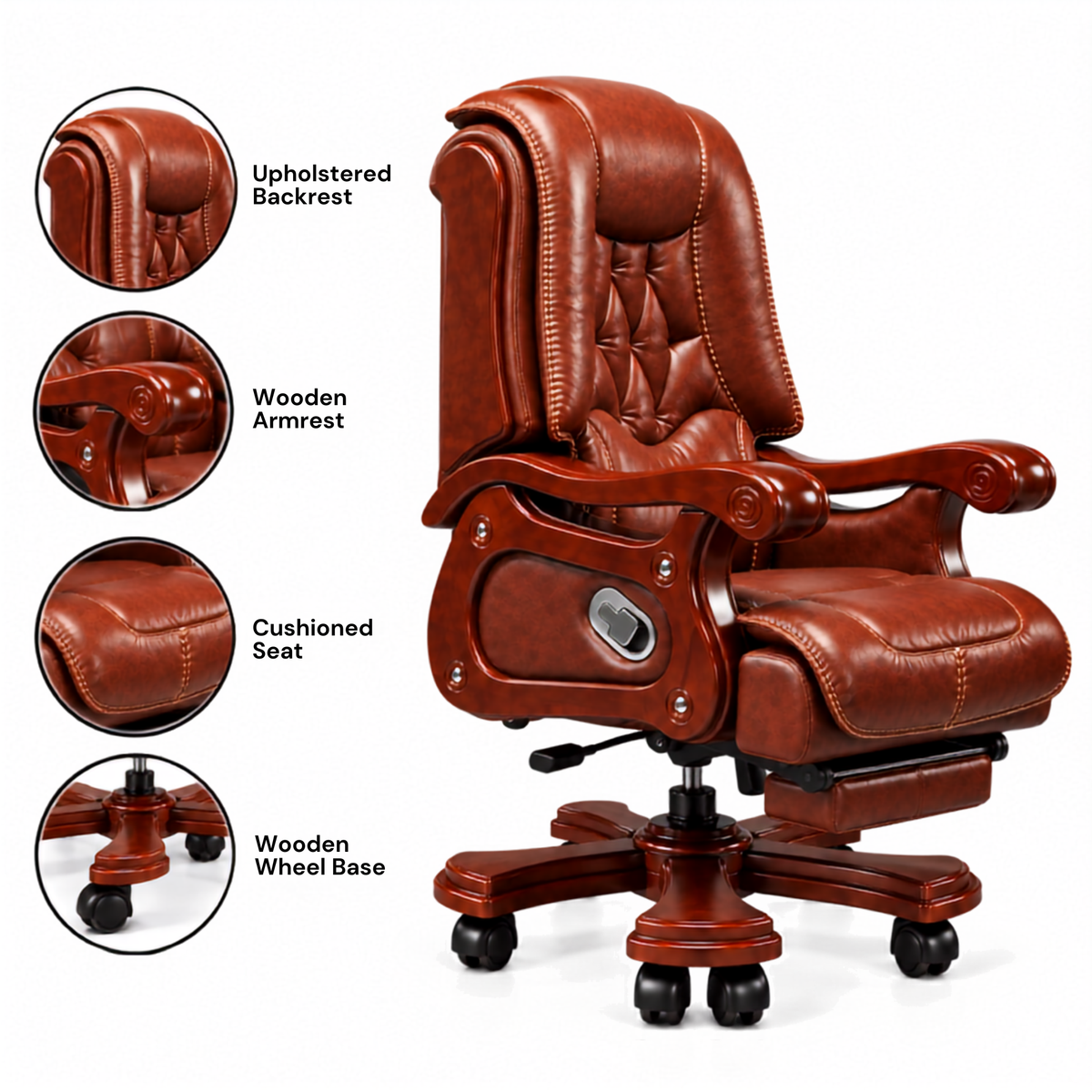 High Back Luxury Office Director Chair Made in Plyboard with Leatherette and High Density Foam & Recliner Feature and Double Wheel with wooden Polish
