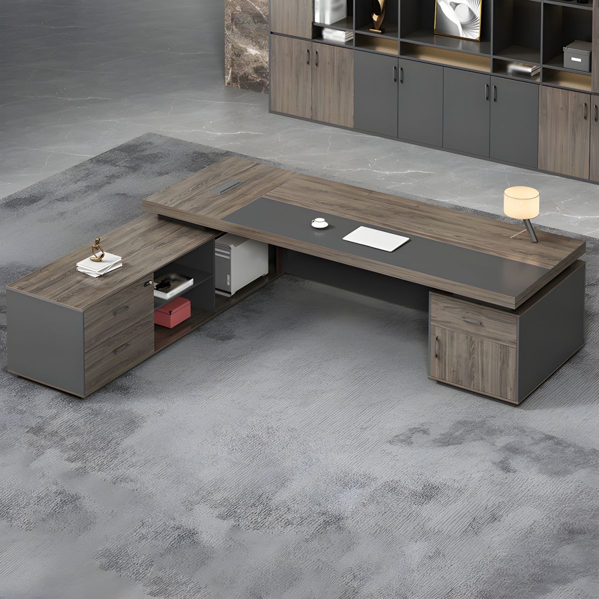 Director & Executive L-Shape Office Table Modern Desk Made in MDF with Side Unit Drawer and Storage, Wire Manager & CPU Storage - Brown