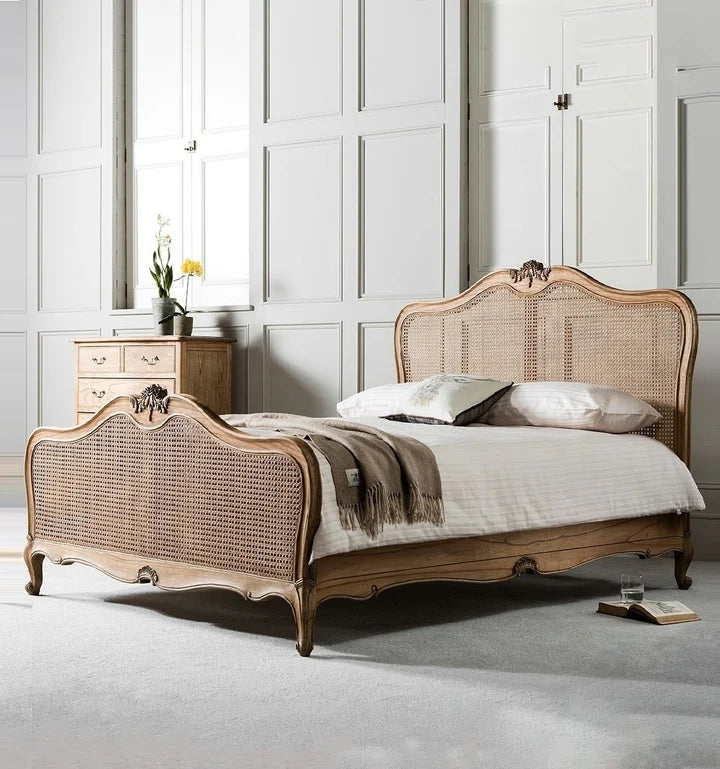 King Size Bed – Solid Wood Frame, Royal Look, Elegant Headboard, Luxury Finish, Wood Cane Bed – Handcrafted Elegance, Rattan Panel Design