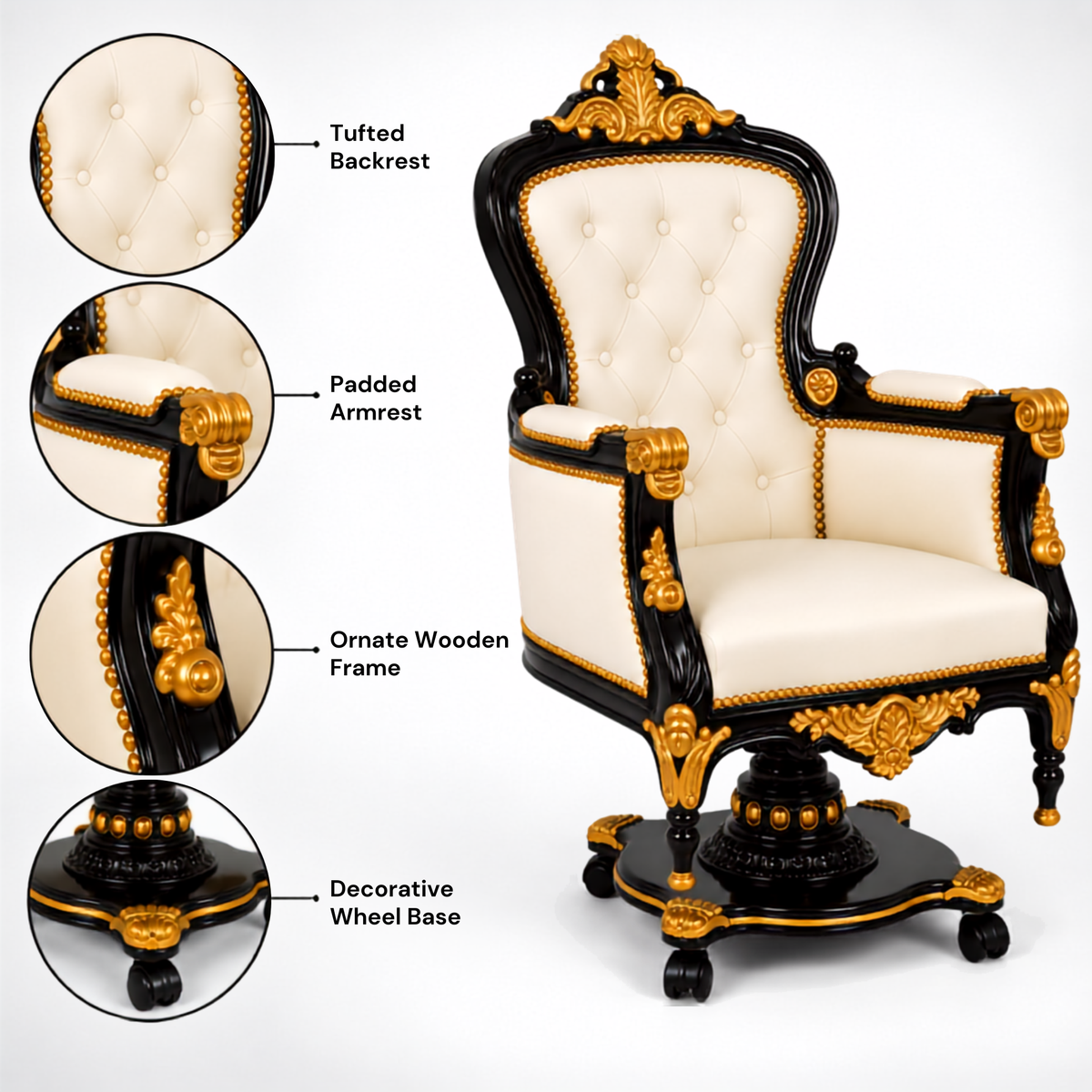Luxury Royal Executive Office Chair with Tufted Upholstery, Hand-Carved Wooden Frame, High Back Swivel Chair for CEO Cabin & Home Office
