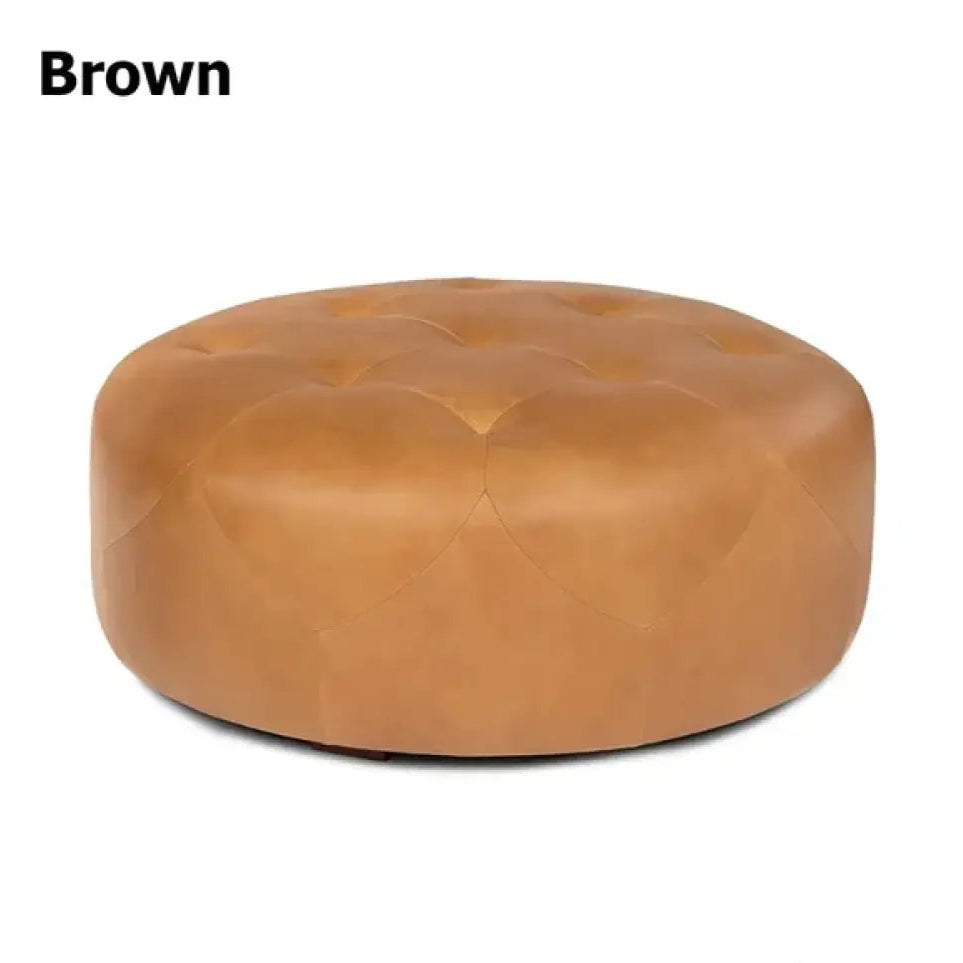 Ottoman Round Leather Coffee Table – Upholstered with High-Density Foam Padding, Solid Wood Frame for Living Room or Lounge.