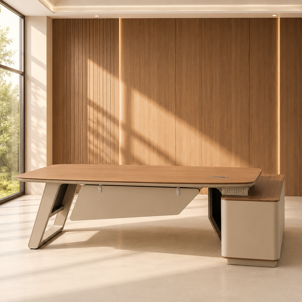CEO Director Desk – Massive L-Shape Workspace with Premium Marble Laminate, Padded PU Leather