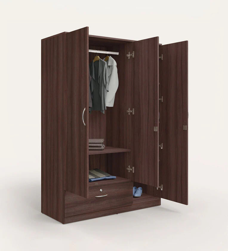 Wooden Almirah for Home Furniture in Particle Board Material – 3 Door with 1 Drawer, Stylish Handles for Bedroom Storage