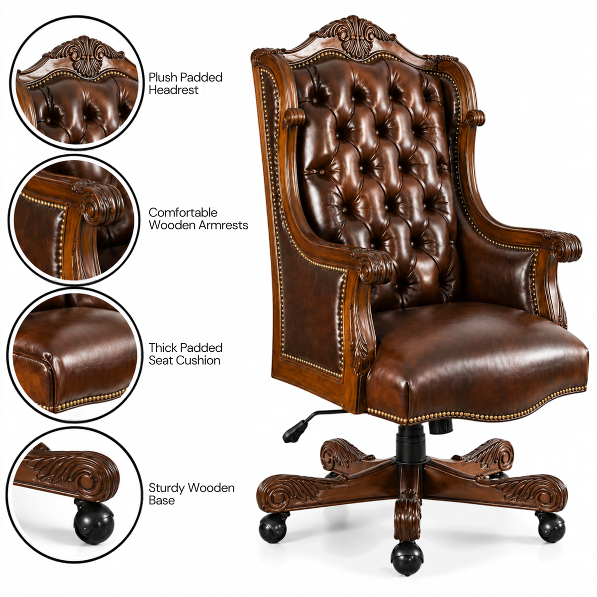 Luxury Design Boss and Director High-Back Leatherette Office Chair Swivel, Adjustable Height, Fixed Armrest, and for Wooden Base