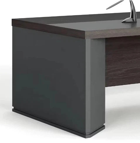 Director & Executive L-Shape Office Table Modern Desk Made in Plywood with Veneer Drawer, CPU Storage & Wire Manager - Walnut & Grey