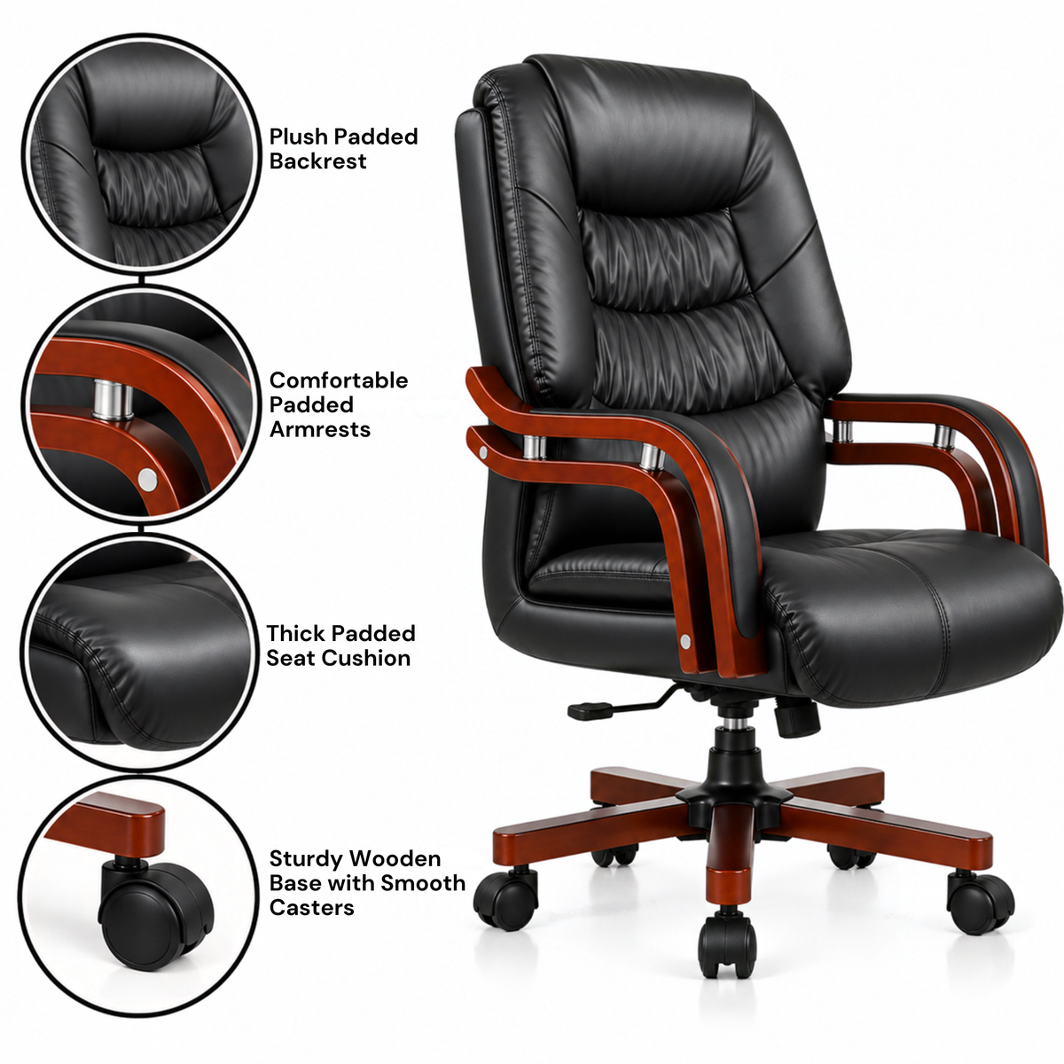 High Back Director Chair for office Made in Plyboard with Leatherette Upholstery & Armrest with wooden WheelBase & Revolving Chair -black