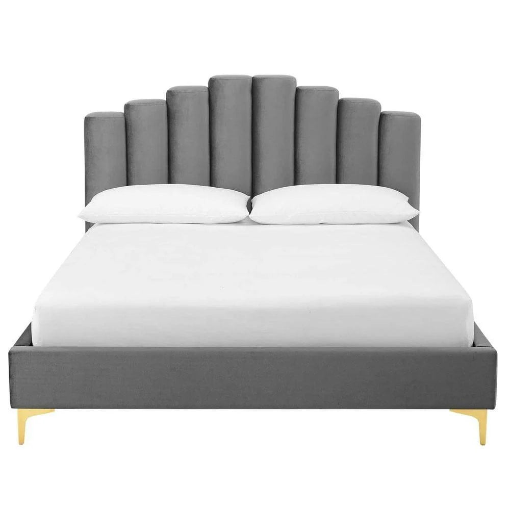 King Size Bed – Rich Velvet Upholstery, Wooden-Twist Headboard, Golden Legs, Solid Wood