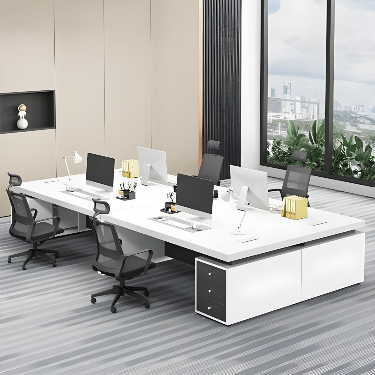 Director & Executive Rectangular Office Table Luxury Desk Made in Particle Board with Drawer and CPU Storage, Wire Manager - White