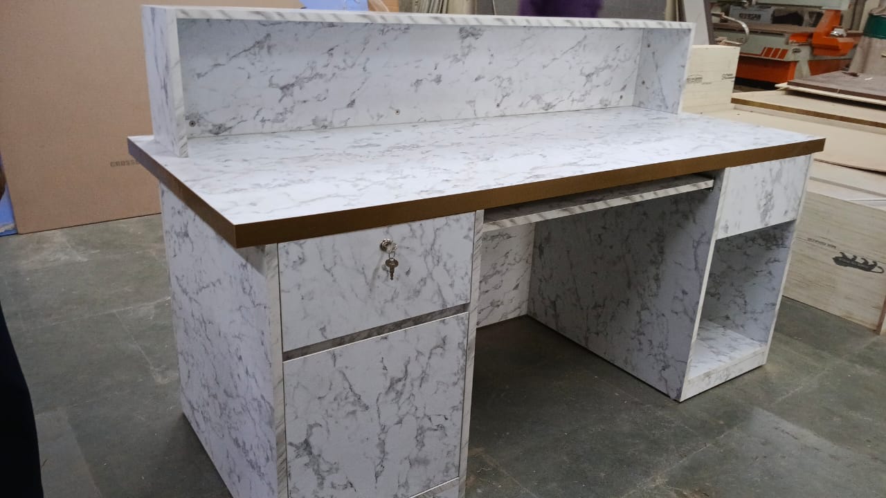 Reception Table for Office Luxury Modern Counter Stylish Design Made in MDF with Keyboard Tray And Drawers & Ample Storage CPU Space - White Color
