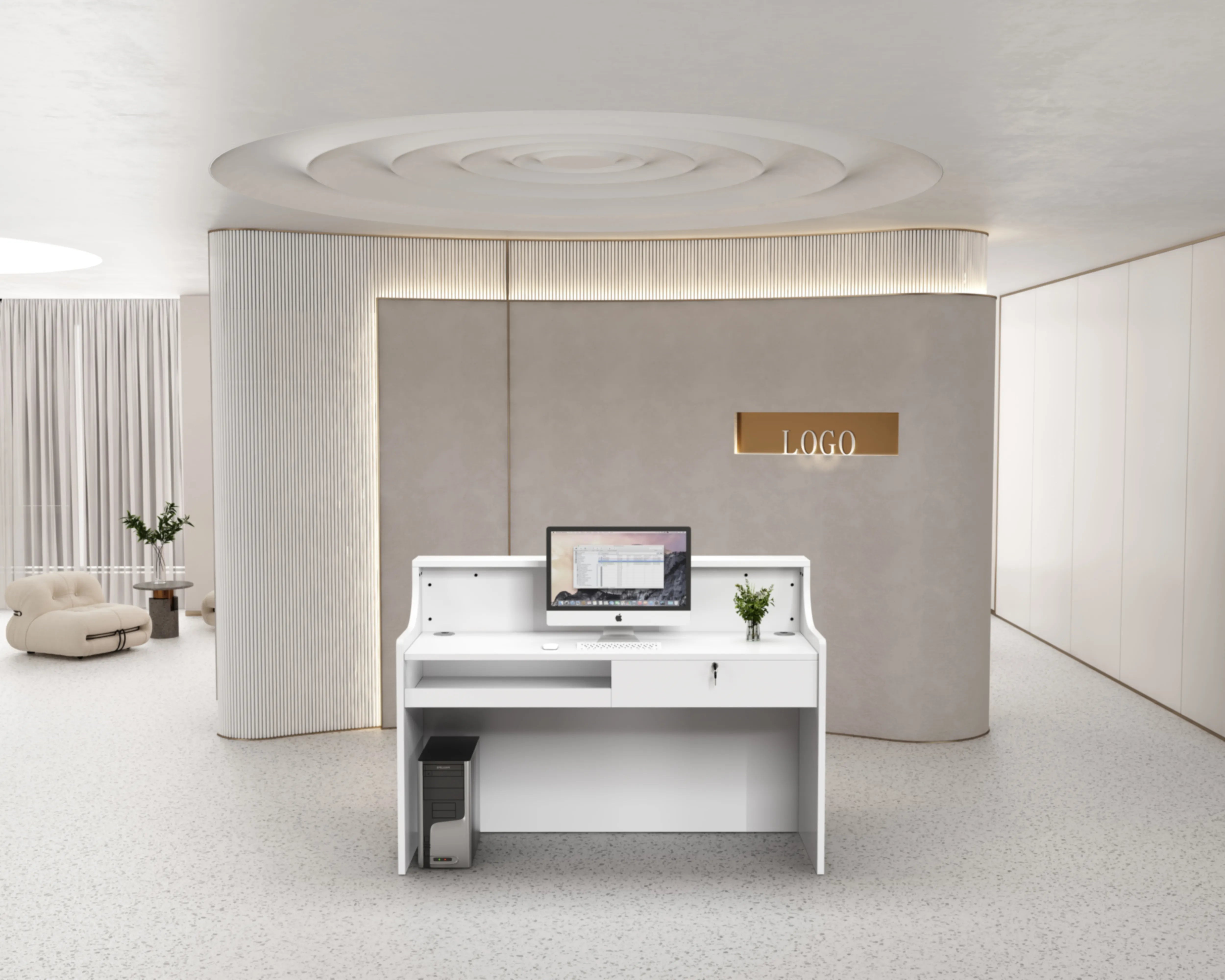 Reception Table for Office Counter Made in MDF with Small Store Front Desk and Drawers & CPU Space