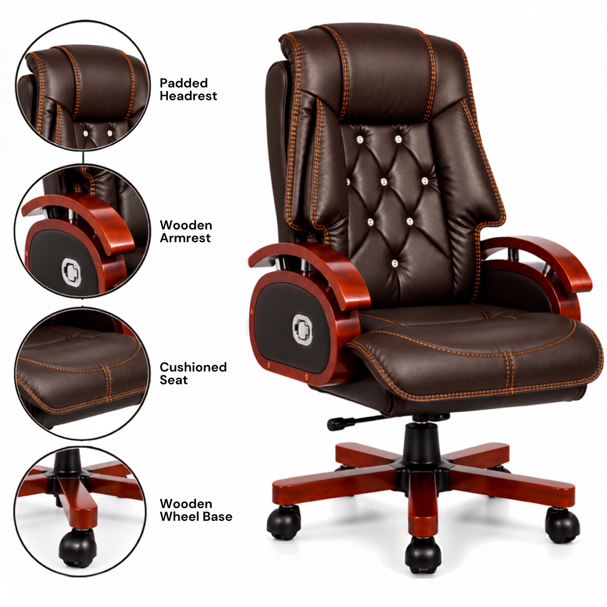 Premium High Back Leatherette Wooden Base & Handle Office Chair for Director & Executive | Revolving Recliner, Soft Heavy Cushion