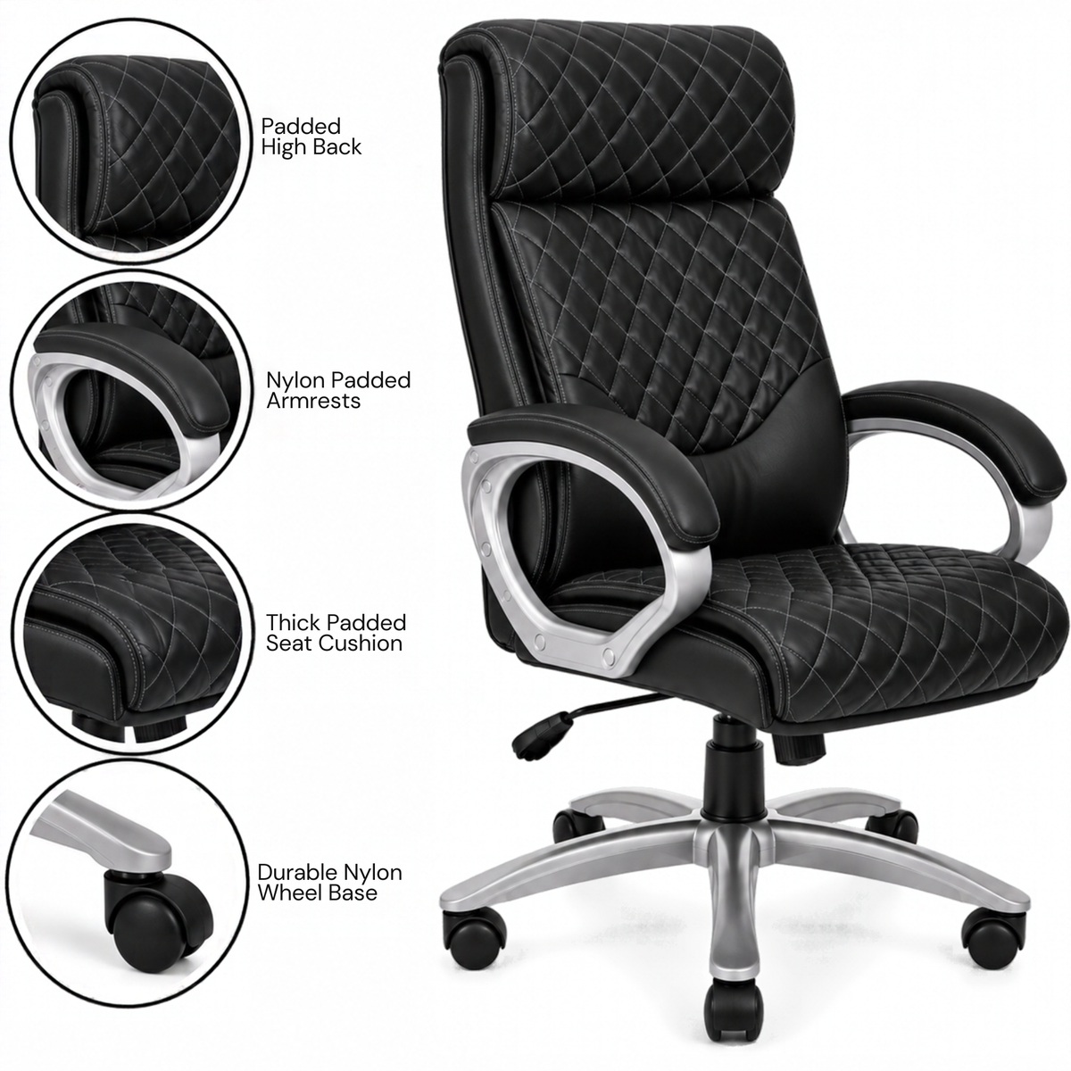 Luxury Executive Office Chair with Diamond Quilted High Backrest, Padded Headrest, Cushioned Armrests, Adjustable Height & Chrome Swivel Base