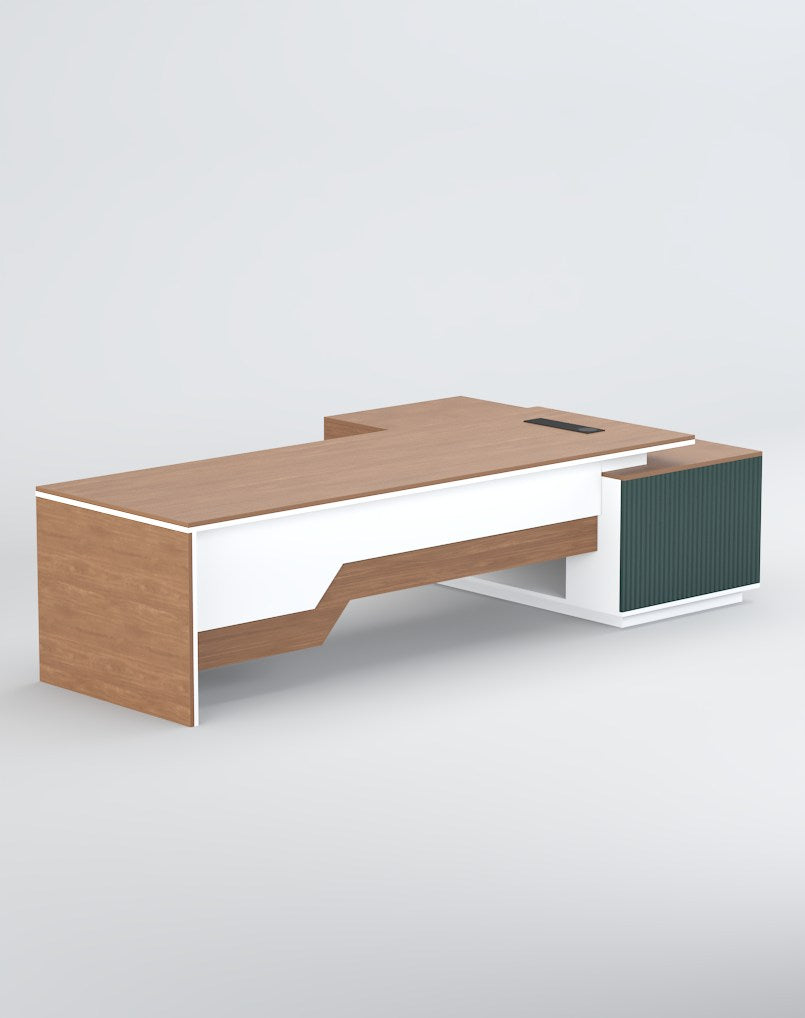Director Office Table L-Shape Luxury Design with Modern Desk Featuring Drawer and CPU Space & Wire Manager  - Brown