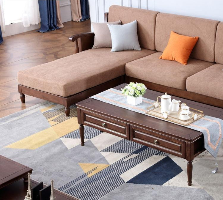 3 Seater Wooden L Shape Sofa For Home Furniture, Upholstery Fabric Premium and Durable Design For Living Room and Office- Brown