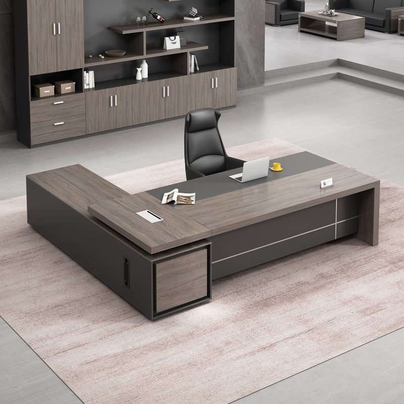 Director L-Shape Office Table Luxury Desk Made in Particle Board with Secure Drawer, Storage CPU Space, Side Unit & Wire Manager- Dark Grey