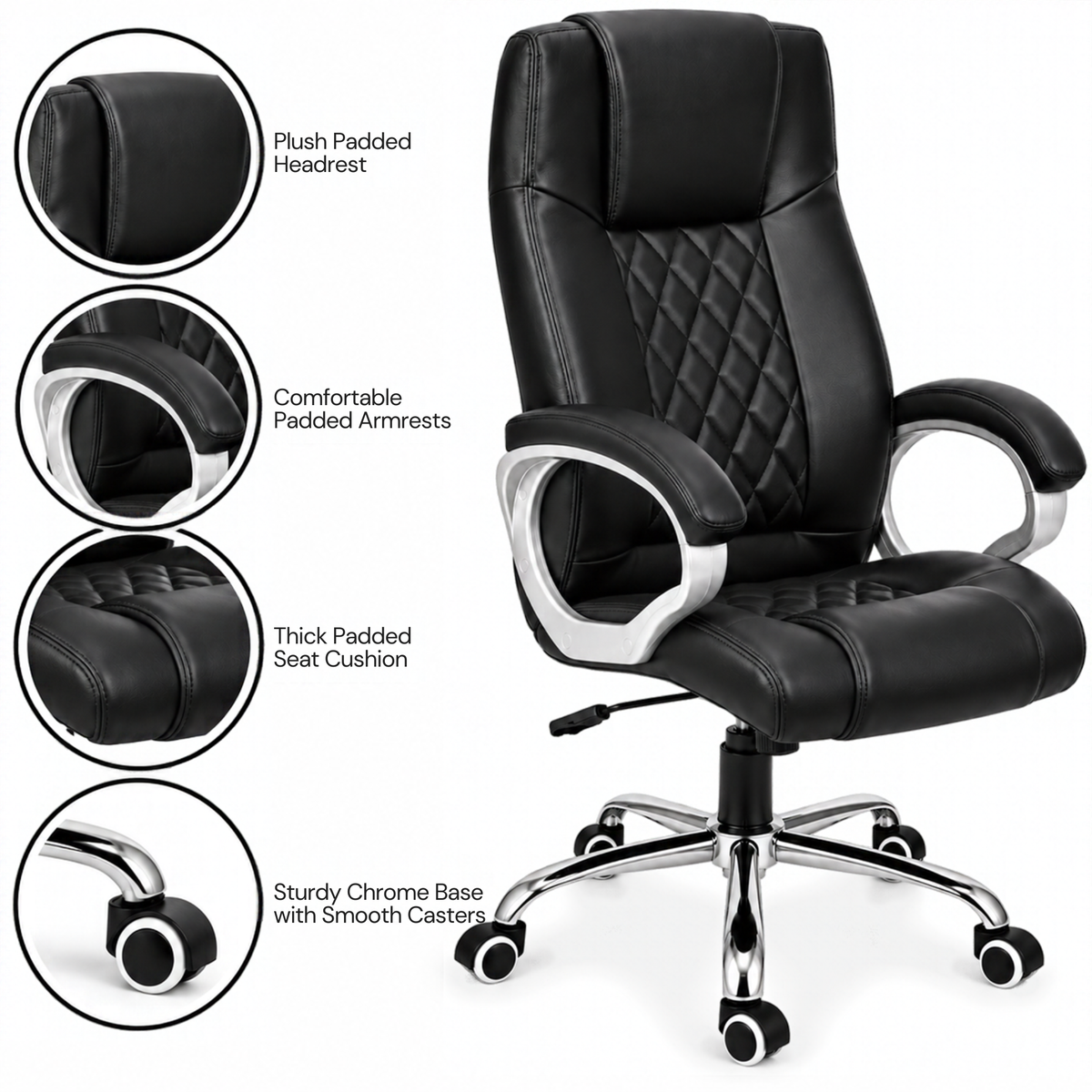 Modern Director Office Chair, Leatherette Upholstery with High Back and Powder-Coated Chrome Base