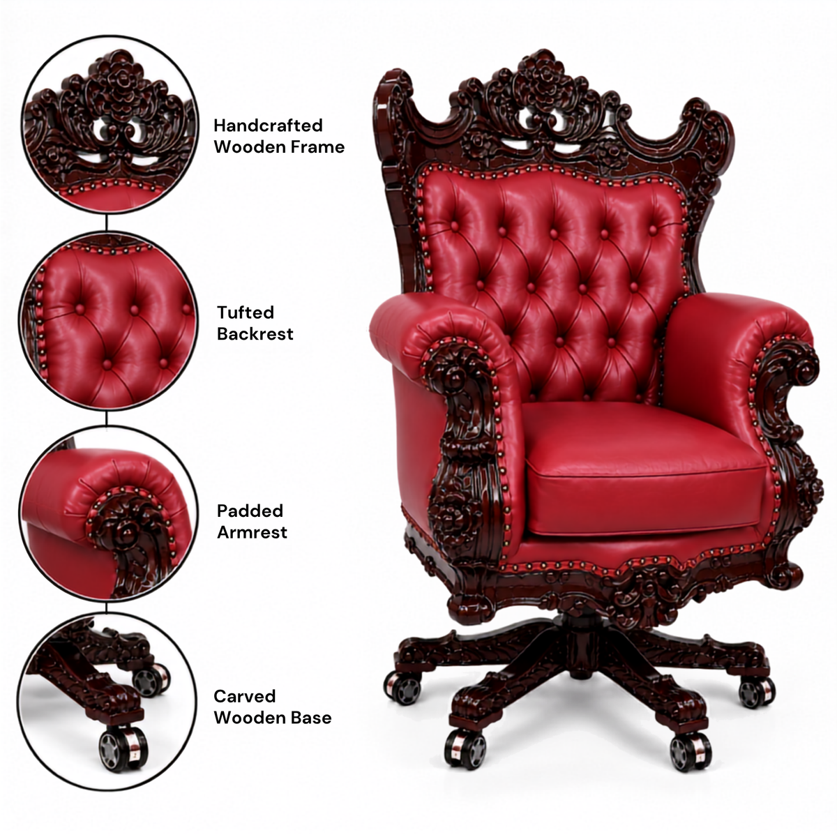 Design Hand Carved Teak Wood Adjustable Height 360D Swivel Button Tufted Office Armrest Chair