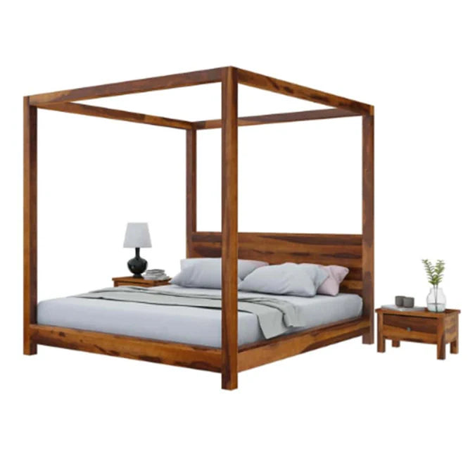 Wooden Bed Handcrafted Four-Poster– Elegant Natural Finish with Grand Canopy Frame, Available in Queen and King Sizes