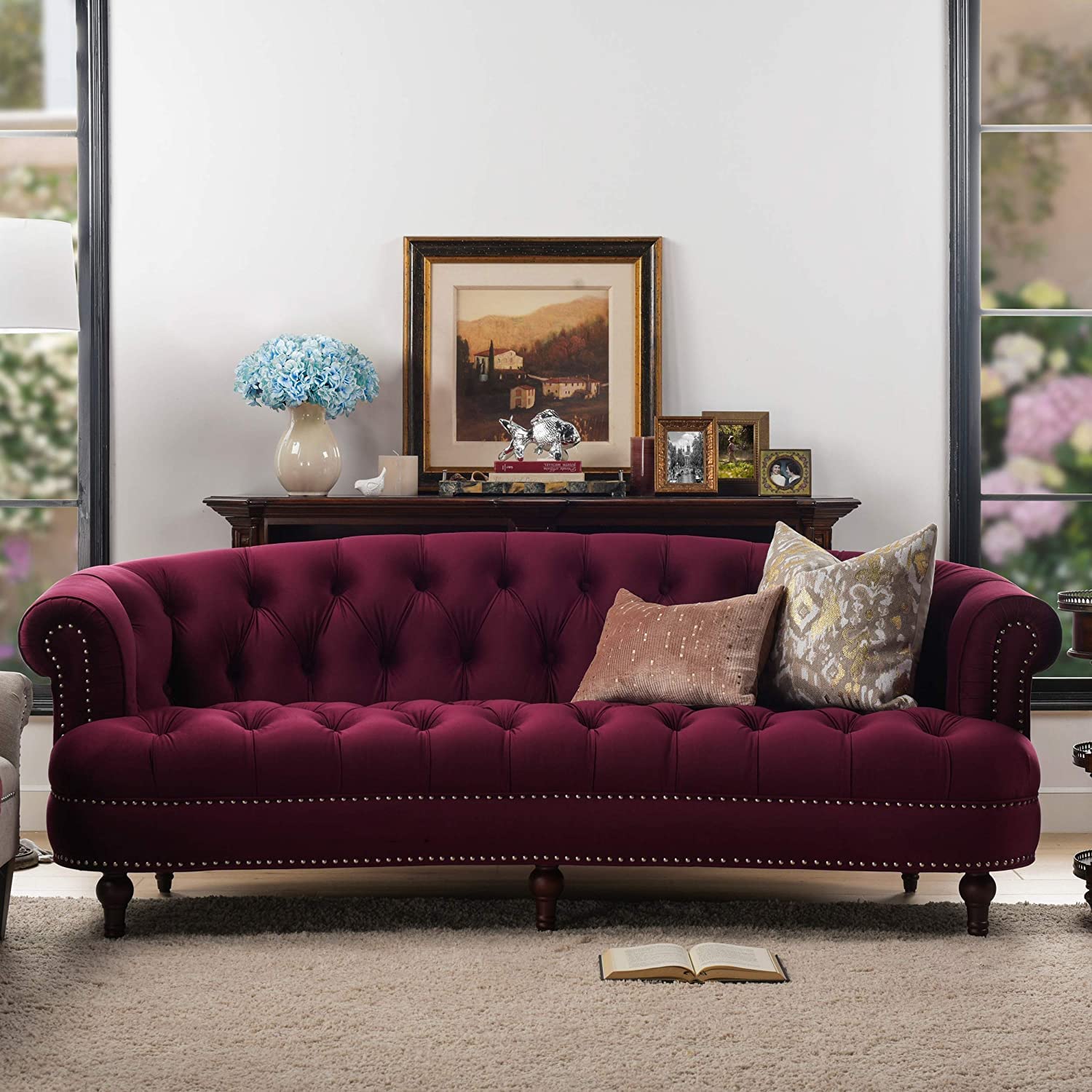 Chesterfield 3 Seater Sofa, Couch, Modern Design Upholstery Velvet Tufted With Arm Rest For Living Room, Bedroom, Guestroom, Office (Purple)