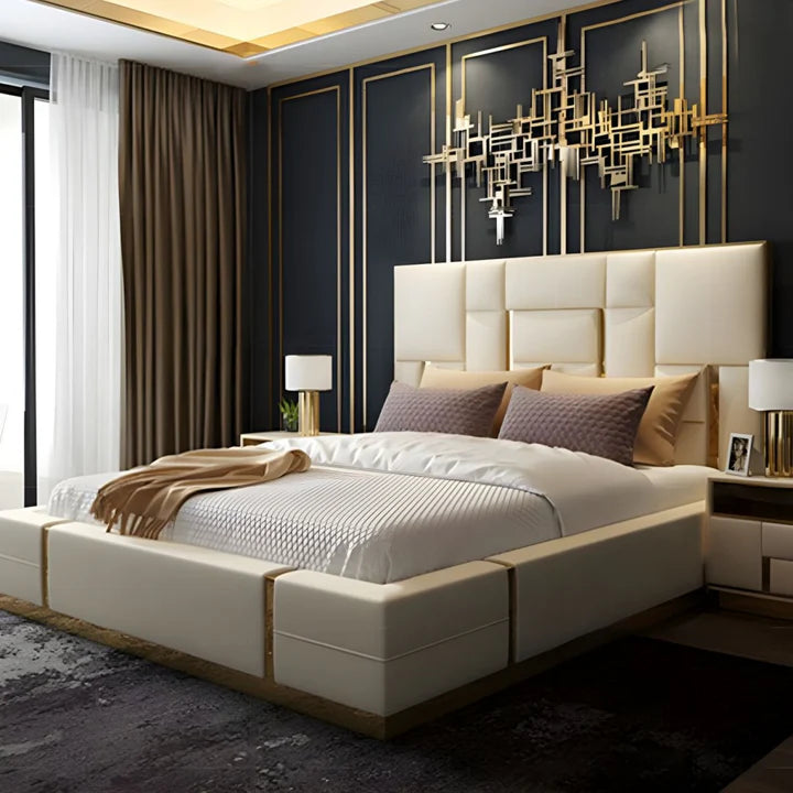 Queen Bed for Home Furniture with Upholstered headboard with sleek metal accents for your luxury Bedroom.