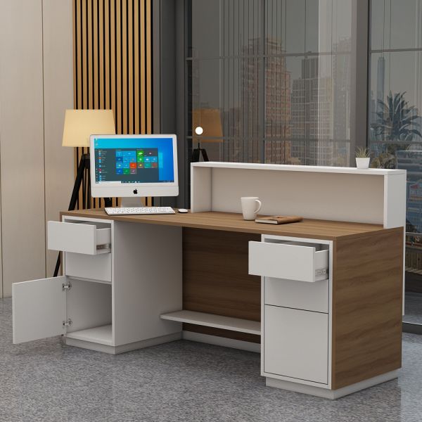 Reception Table Made In Engineered Wood with Both Sides 1 Drawer, 1 Shutter Unit and - Brown & White