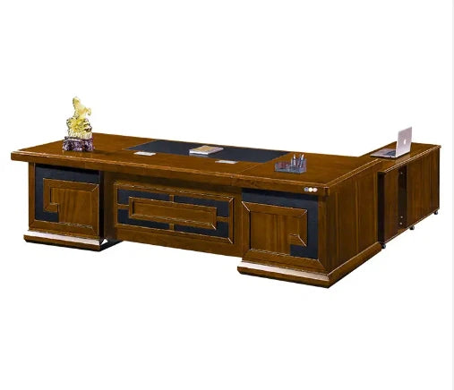 Director & Executive L-Shape Office Table Made in Plyboard with Veneer Side Unit Pedestal Cabinet, Drawer & Wire Manager - Brown