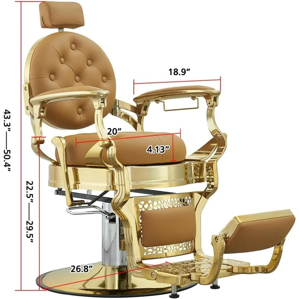 Salon Chair for Luxury Design Royal Barber Chair Unisex Stylish, Elegant Chair for Haircuts, Shaving and Beauty Spaces and Legs Rest - Golden Color