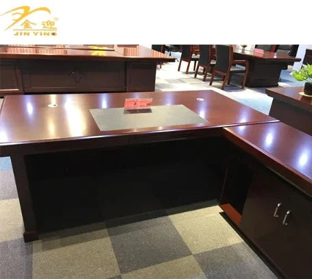 Director & Executive L-Shape Office Table Modern Desk Made in Plyboard with Veneer  Open Shelves & Side Drawer, CPU Storage & Wire Manager - Brown