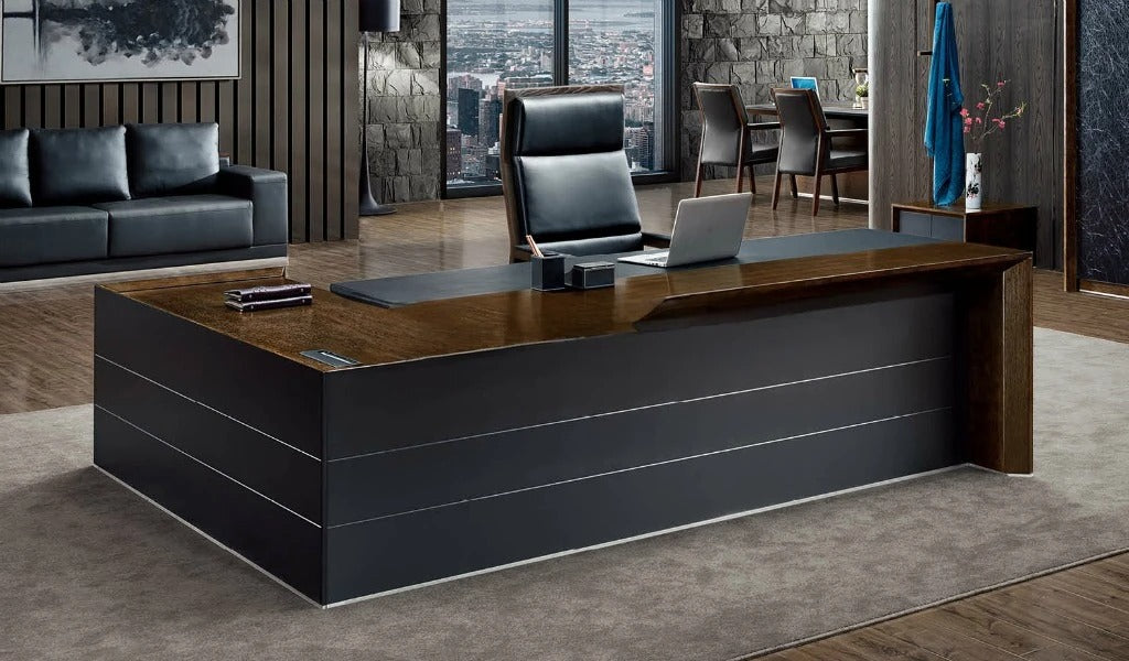 Director L-Shape Office Table Luxurious Executive Desk with Red Oak Finish Wire Management System and Power/Data Sockets