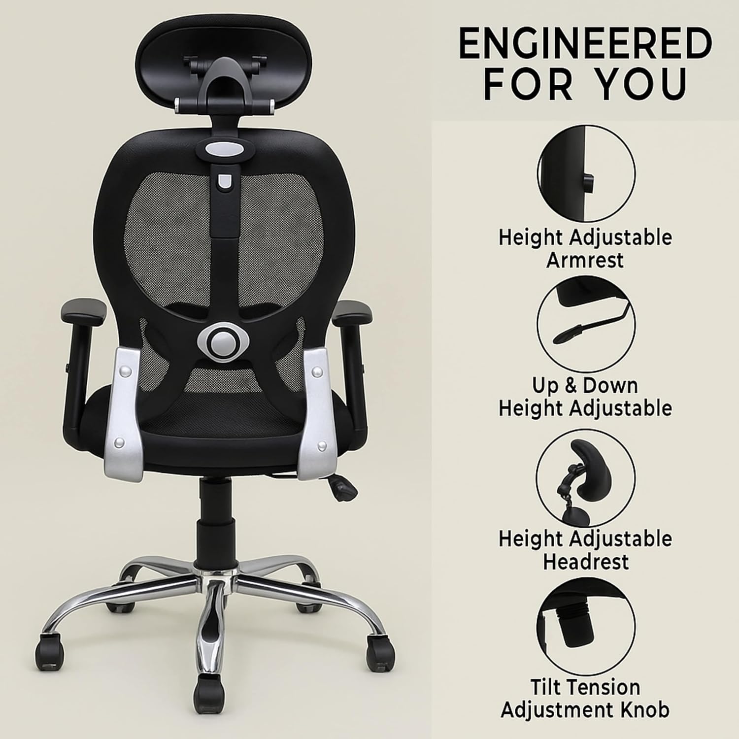 Ergonomic High Back Office Chair with Adjustable Height, Mesh Back, Lumbar Support, Armrest & Tilt Lock – Comfortable Swivel & ExecutiveChair for Home & Office Work