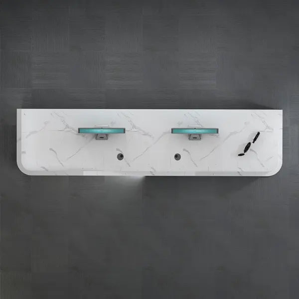 Reception Table for Office Luxury Modal Counter Desk Made in Plywood in Marble Pattern with Round two Wire Manager, Drawers 2 Person Seating - White