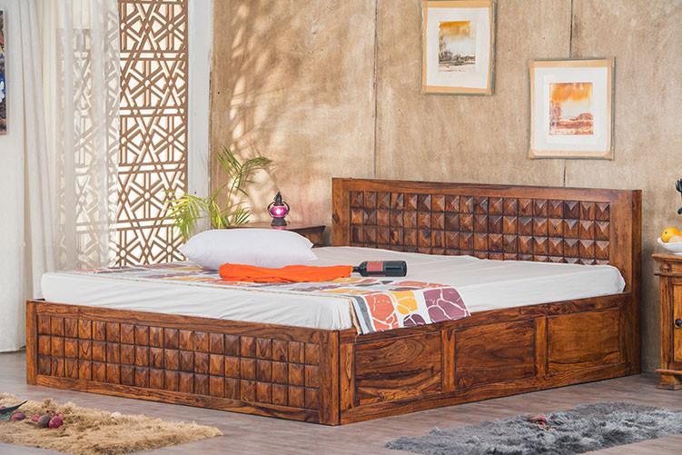 King Size Wooden Bed Smart Space-Saving Design with Hydraulic Storage High-Quality Solid Wood Frame, Premium Teak Veneer & Melamine Polish Finish