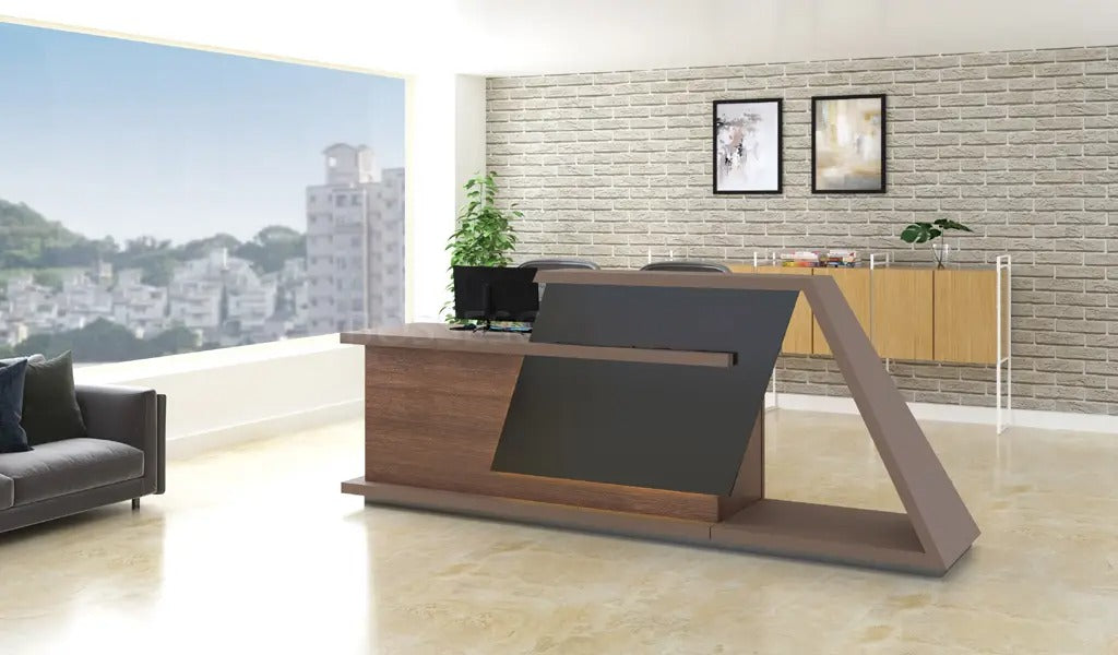 Reception Table Made in Engineered Wood is a Combination of Walnut, Glossy black and Muddy gray laminate. Designed with Inbuilt Wire Management Grommet