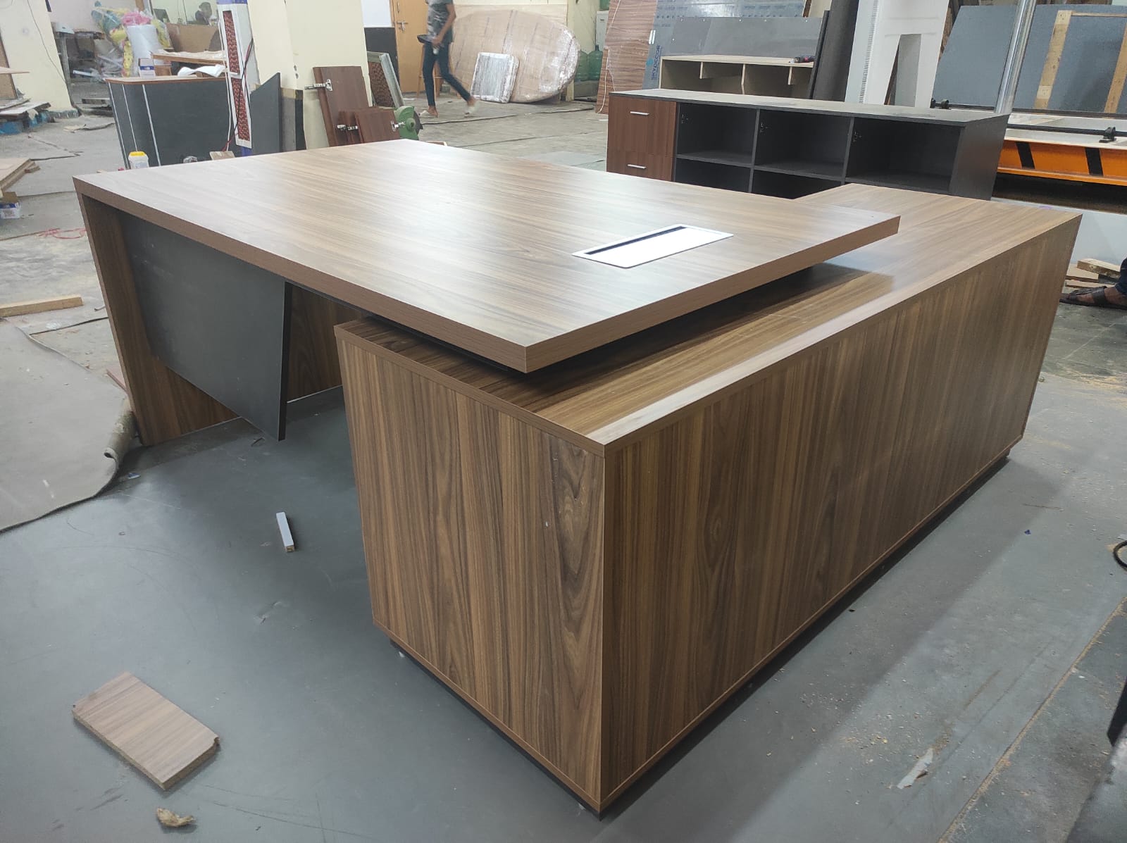Luxury Director and Executive L Shape Office Table Made Particle Board with  Wire Manger Side Unite and Multi Drawers CPC Space  - Brown Color