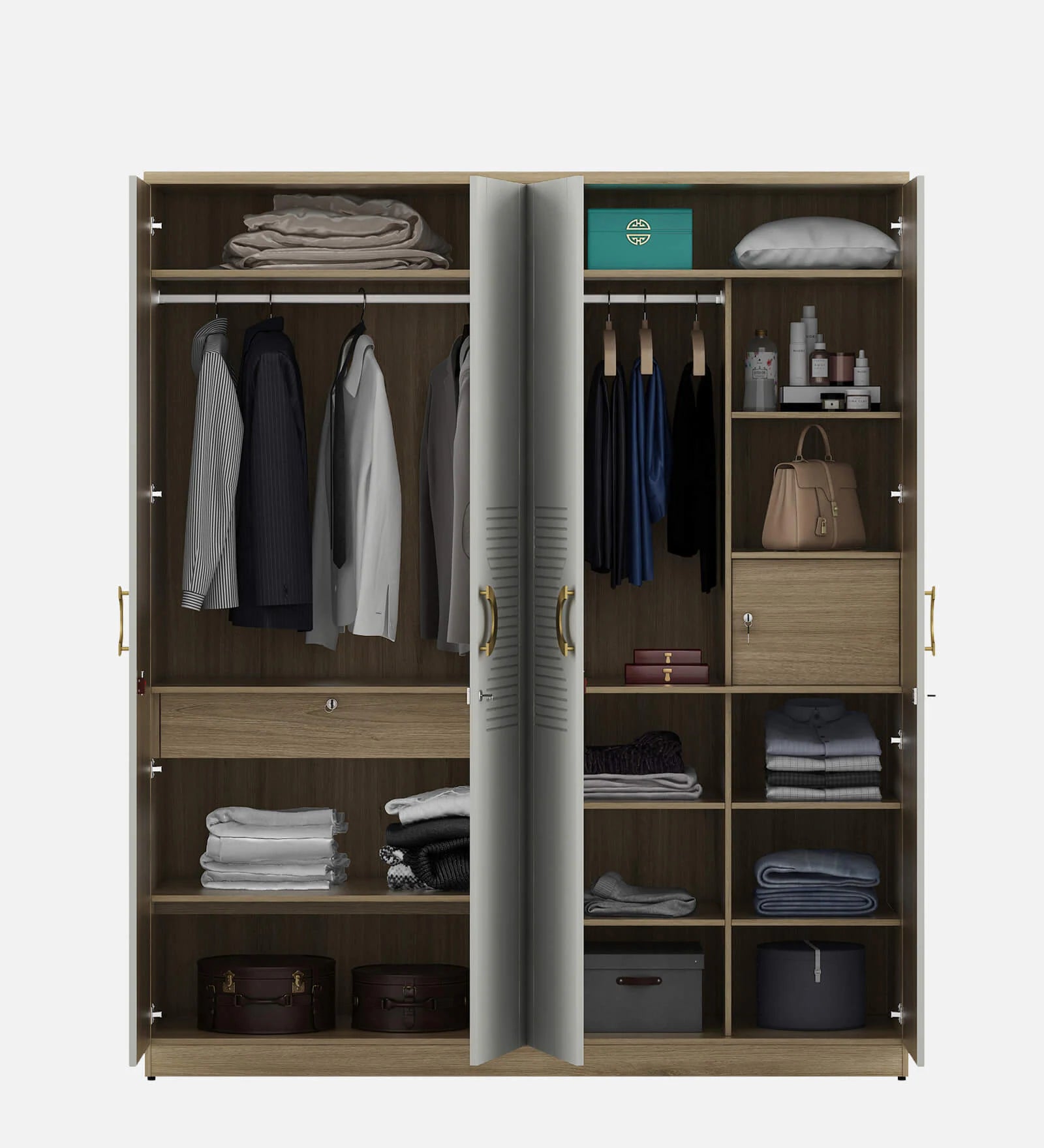 Wardrobe 4‑Door with Space-Saving, Soft-Close Mechanism, Designer Handles with Locker