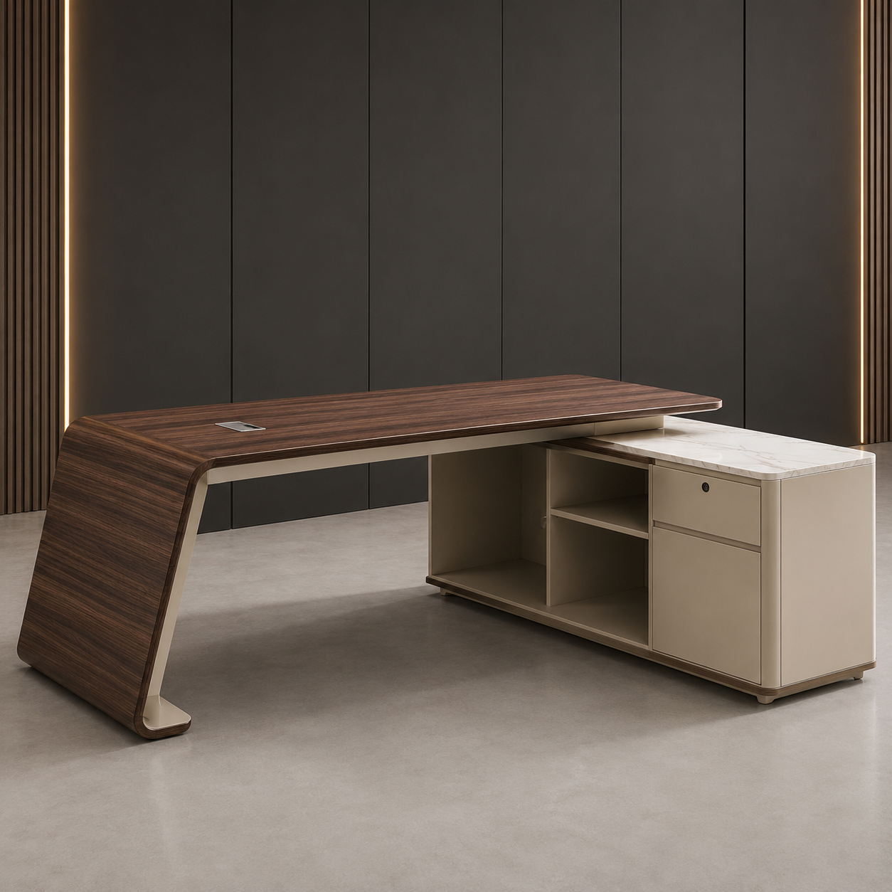 Office Table Premium with Marble Texture, Luxury Accents And Ergonomic Large Boss Workstation