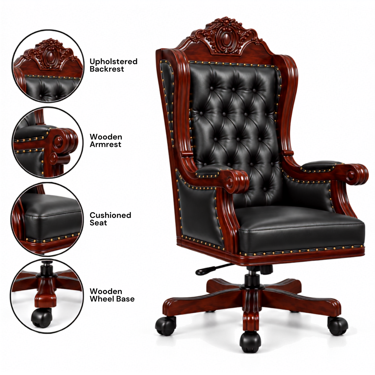 Director Chair Luxury High-Back Leatherette Office Chair with Adjustable Height, Fixed Armrests, Wooden Base, Premium Handcrafted Swivel Tilt Chair