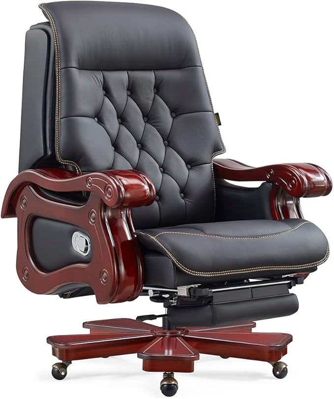High Back Director Chair for office Made in Solid wood with Leatherette Upholstery & Recliner and Foot rest with Wheelbase & Revolving Chair