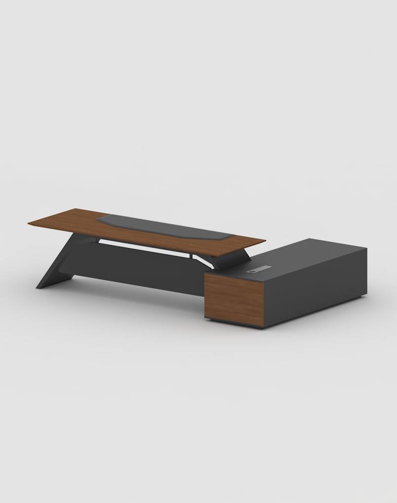 Director & CEO Office Table L-Shape Luxury Storage and Leathere Pad & Wire Manager  - Brown