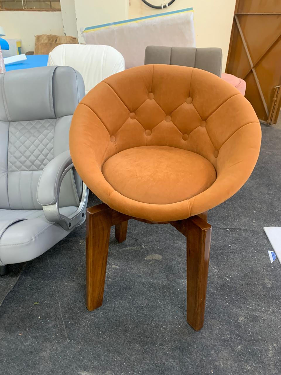 Modern Velvet Tufted Round Back Upholstered Swivel Accent Chair Orange with Teak Legs
