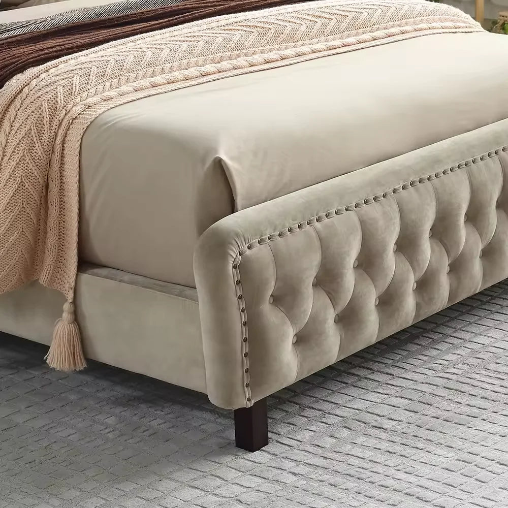 Modern king-size velvet platform bed with deep-button tufted headboard, foam padding, luxury and comfort for bedroom.