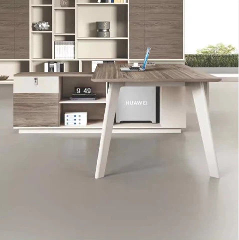 Director & Executive L-Shape Office Table Made in MDF with Side Unit Storage, Drawer, CPU Storage & Wire Manager - Beige & White