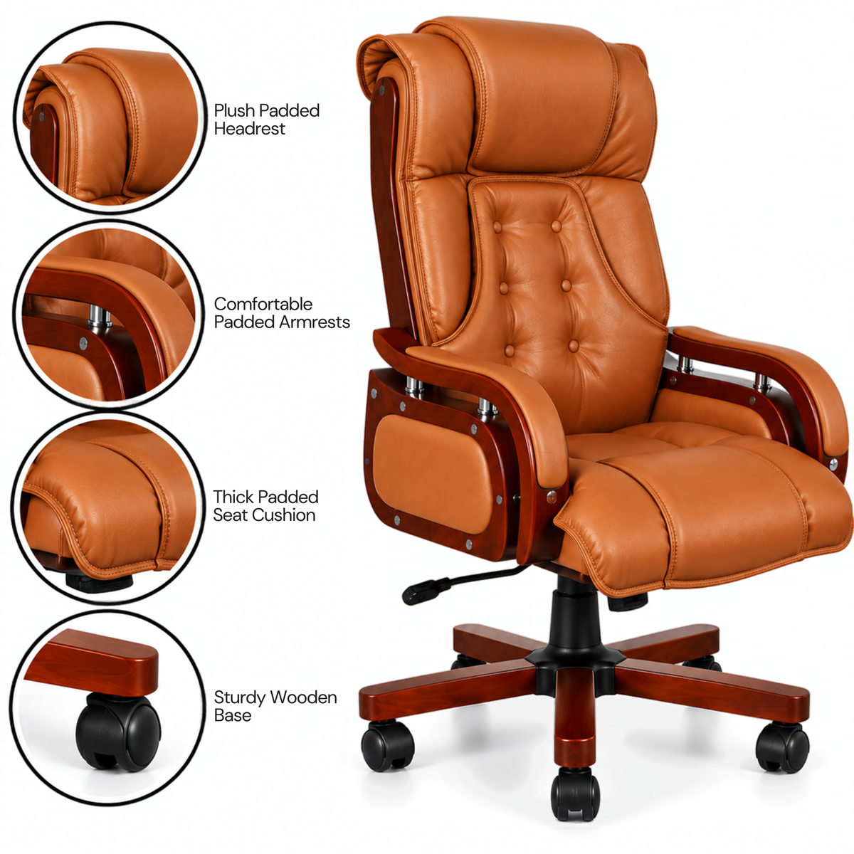 High Back Executive Chair for Office | Leatherette Upholstery with Wooden Base & Handle | Revolving Director Chair with Cushioned Seat & Headrest | Boss Chair Brown
