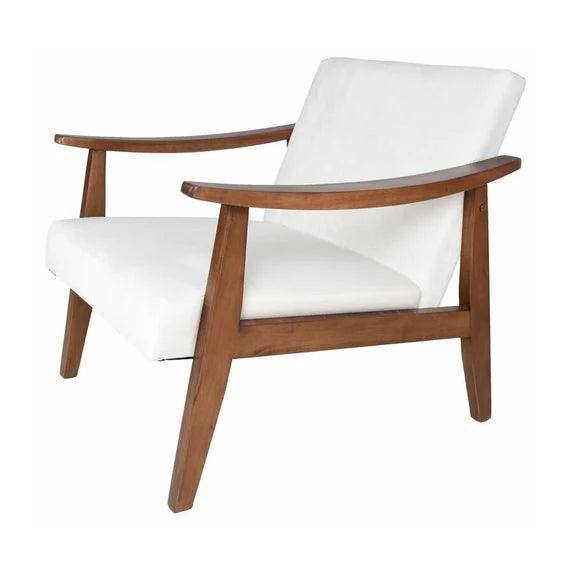 Lounge Chair For Living Room ,Comfortable Seating ,Durable Design Wide Chair Wooden Arm , Upholstery Polyester and Teak Wood Legs With wooden Polish -White