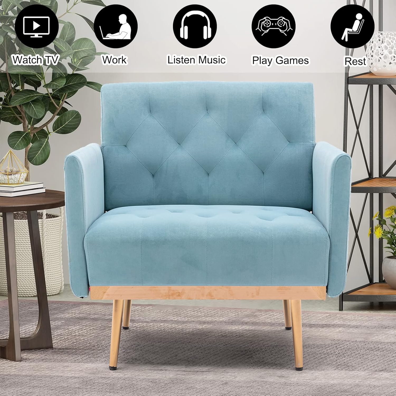 Lounge Chair with Arm For Home Furniture Modern & Durable Design Upholstery Velvet Comfortable Seating for Living Room & Offices - Sky Blue