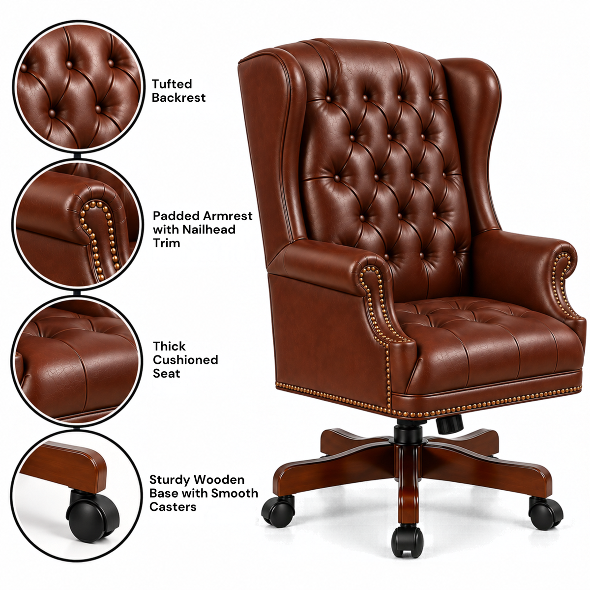 Luxury Wingback Swivel Chair with Wooden Base and Classic Tufted Style Director Desk Chair