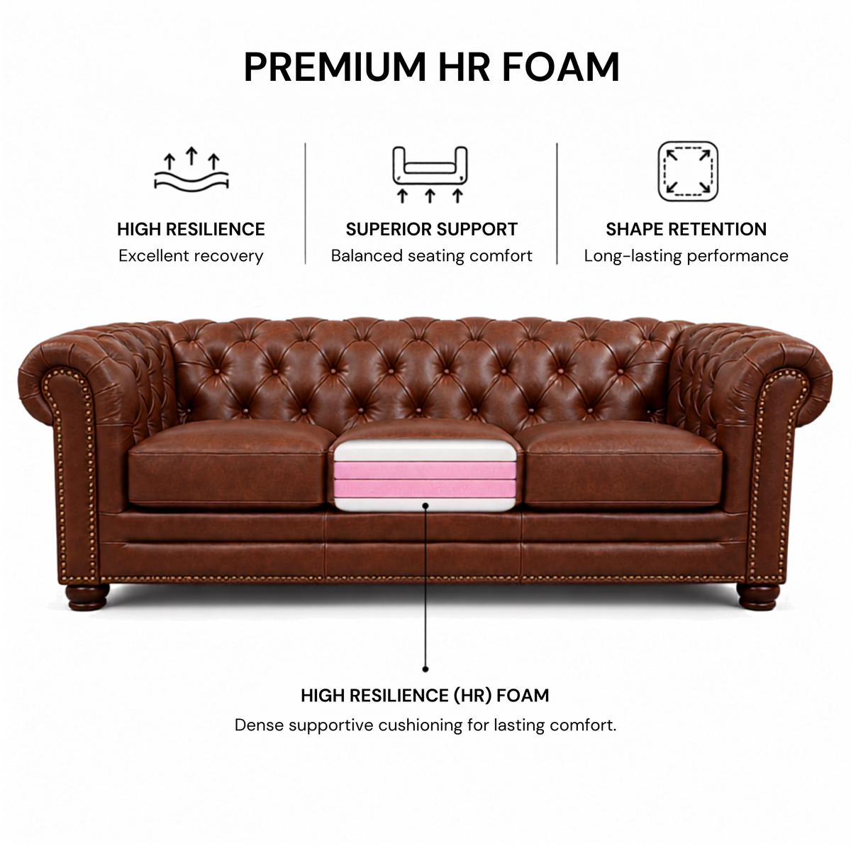 3 Seater chesterfield sofa Modern Design and Leatherette fabric Durable and Comfortable Padded Perfect for living Room, Office -Brown